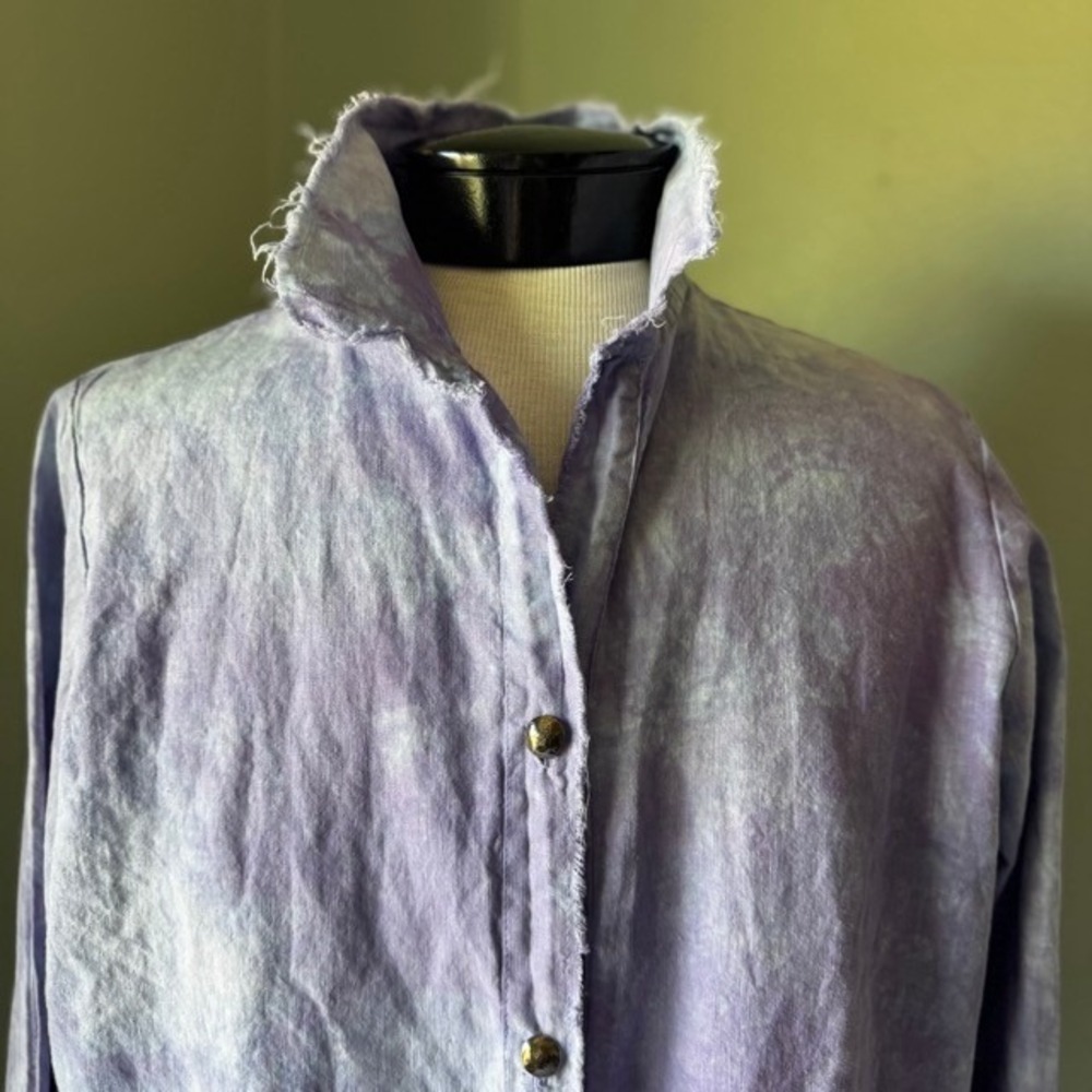 Jes MaHarry Women Purple Tie Dye Raw Edge Button Down Shirt Bohemian Art Top L - Picture 2 of 8